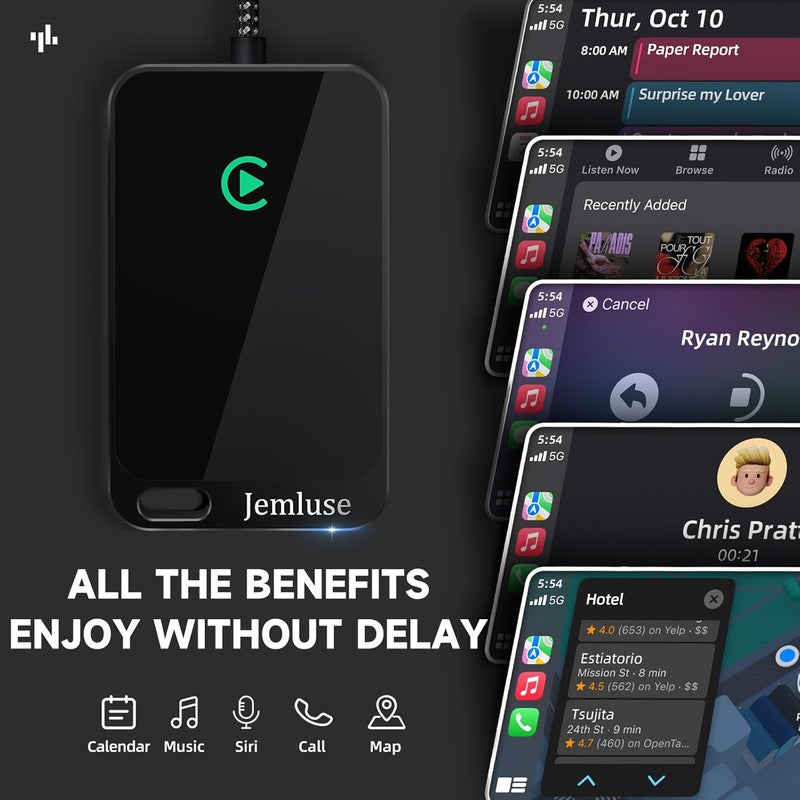 Jemluse Wireless CarPlay Adapter for Apple iPhone - Multi-User Seamless Connection for Convert Wired to Wireless Car Play Adapter - No Latency from iOS 10+ to Screen w/USB C (All Black) - Image 2
